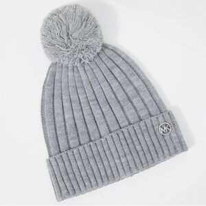 Michael Kors Gray Winter Ribbed Knit Cuffed Pom Pom Beanie Hat